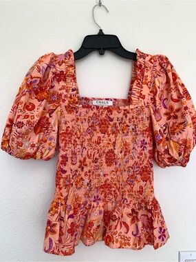 Chaus Peach Pink Floral Smocked Peplum Blouse